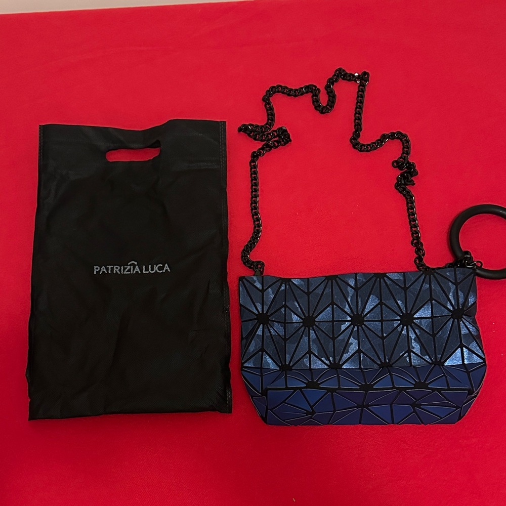 Patrizia Luca Navy Blue Geometric Crossbody Bag with Black Chain